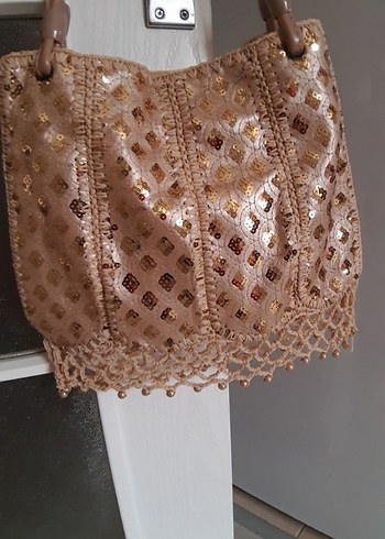 Dantel Detaylı Bej Deri Bohem Kadın Çanta - Görsel 2