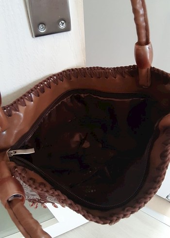 Dantel Detaylı Kahverengi Deri Bohem Çanta - Görsel 5