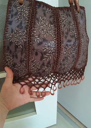 Dantel Detaylı Kahverengi Deri Bohem Çanta - Görsel 2