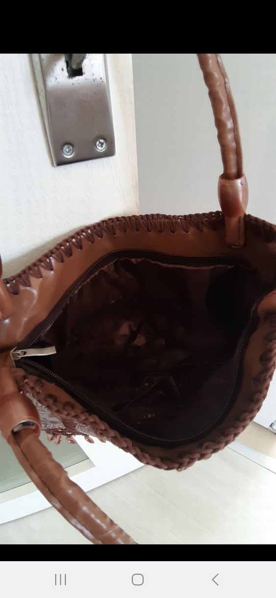 Dantel Detaylı Kahverengi Deri Bohem Çanta - Görsel 5