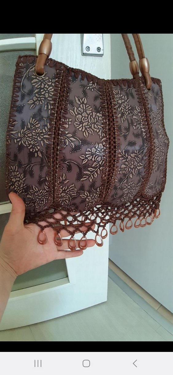 Dantel Detaylı Kahverengi Deri Bohem Çanta - Görsel 2