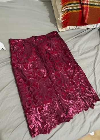 Bordo Nakışlı Drapeli Hamile Midi Etek - Görsel 3