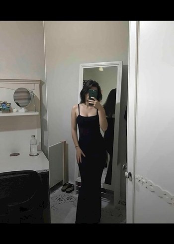 Lacivert yarı Parlak kumaş Uzun Kadın Elbise - Görsel 3