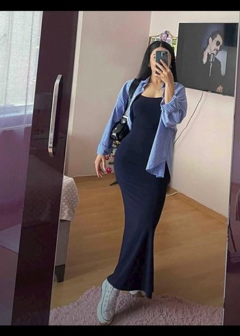 Lacivert yarı Parlak kumaş Uzun Kadın Elbise - Görsel 2