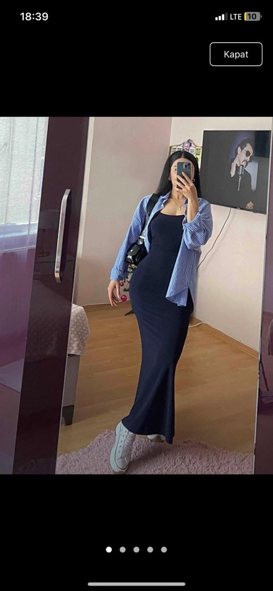 Lacivert yarı Parlak kumaş Uzun Kadın Elbise - Görsel 2