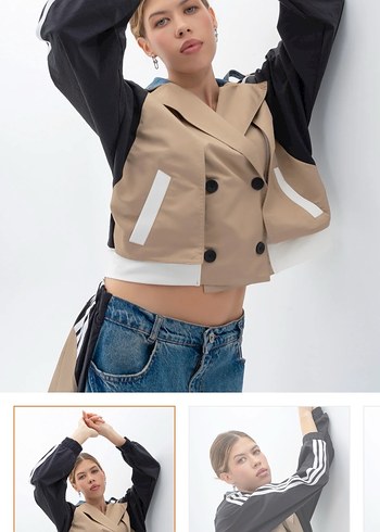 Kadın Bej Siyah Düğmeli Kısa Trençkot - Görsel 4