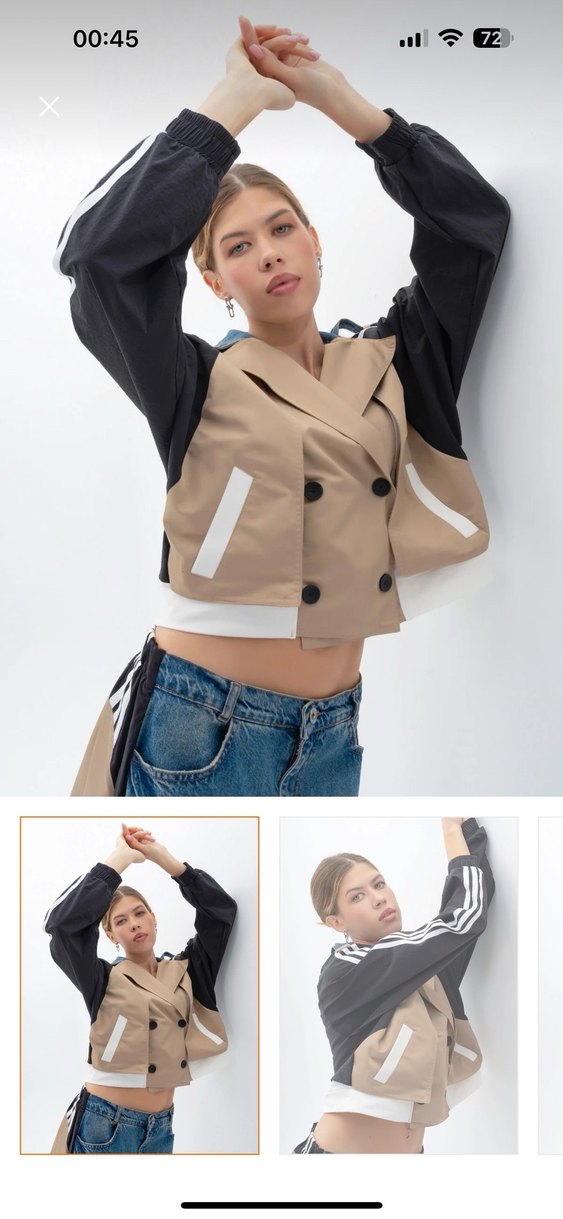 Kadın Bej Siyah Düğmeli Kısa Trençkot - Görsel 4