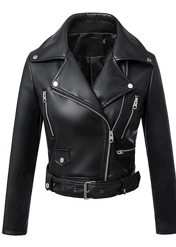 Siyah Deri Biker Ceket, Kemerli, İnce Kesim - Görsel 2