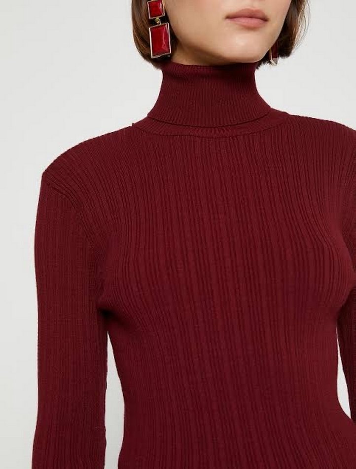 Bordo Kadın Balıkçı Yaka Triko Kazak - Görsel 3