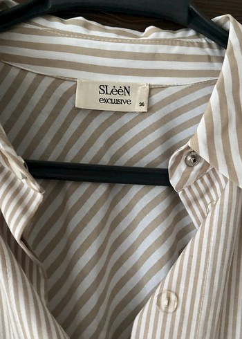 Bej Çizgili Uzun Kollu V Yaka Kadın Gömlek - Görsel 2