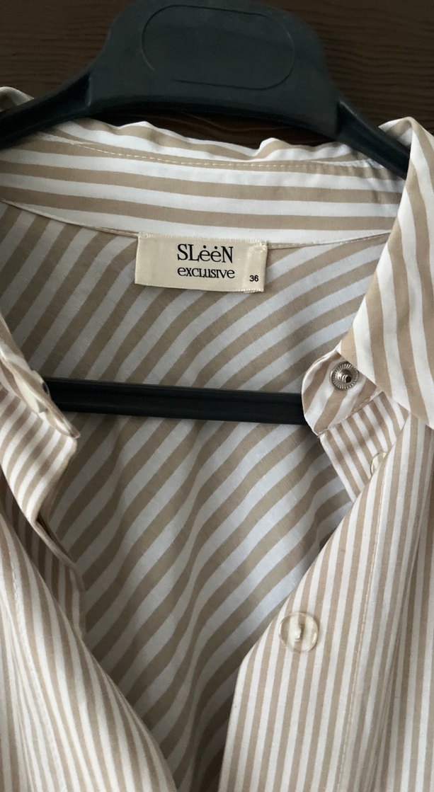 Bej Çizgili Uzun Kollu V Yaka Kadın Gömlek - Görsel 2