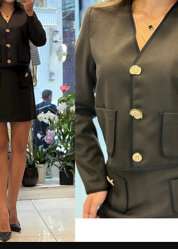 Düğmeli  Midi Kadın Ceket etek takım - Görsel 5