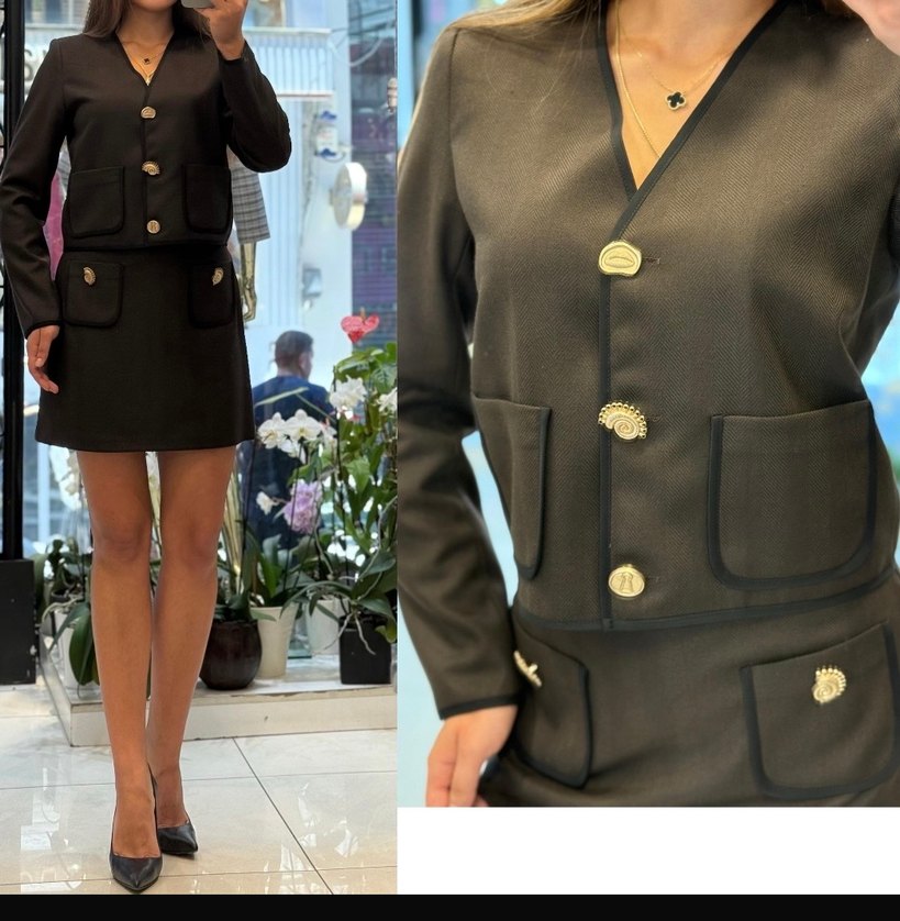 Düğmeli  Midi Kadın Ceket etek takım - Görsel 5