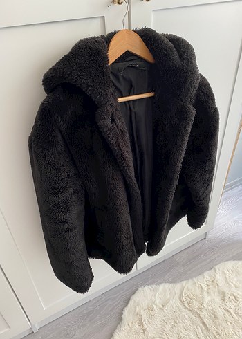 Siyah Kadın Midi Boy Peluş Ceket