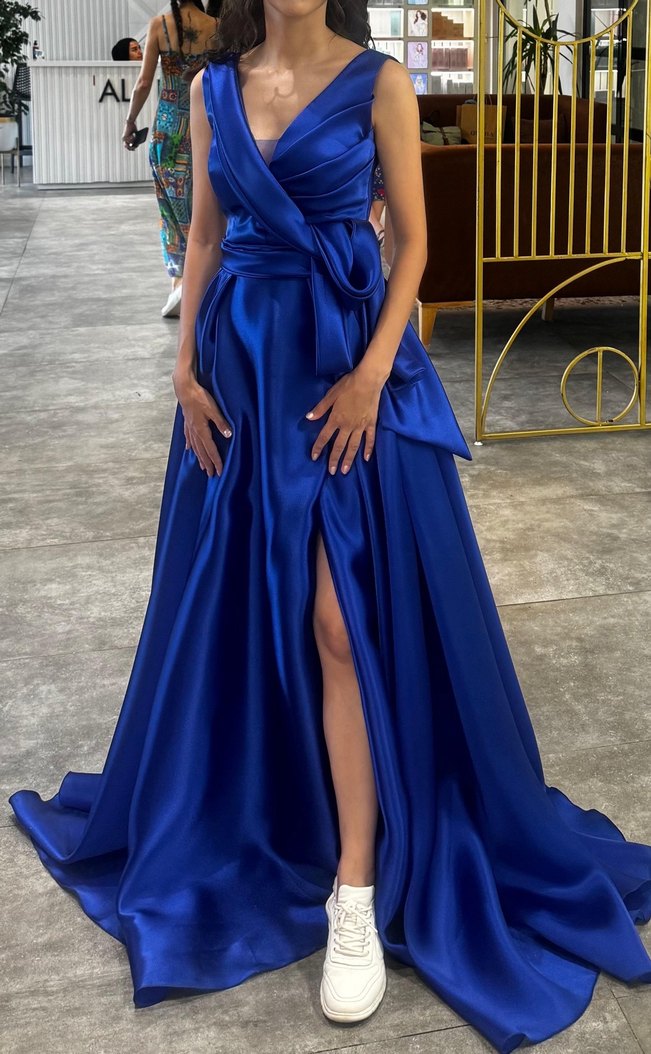 Drapeli Lacivert Uzun Abiye Elbise - Görsel 2