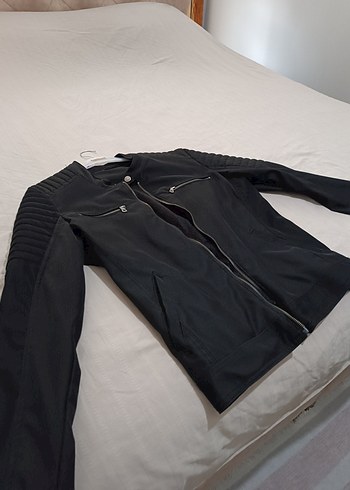 Siyah Deri Biker Ceket, Regular Fit, Fermuarlı - Görsel 2