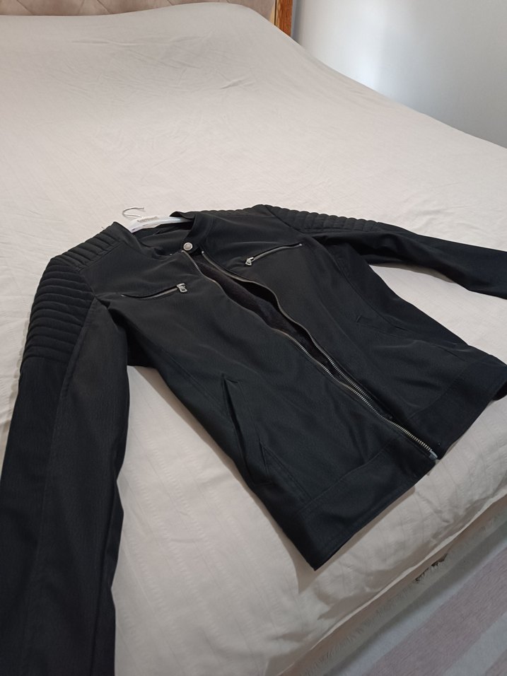 Siyah Deri Biker Ceket, Regular Fit, Fermuarlı - Görsel 2