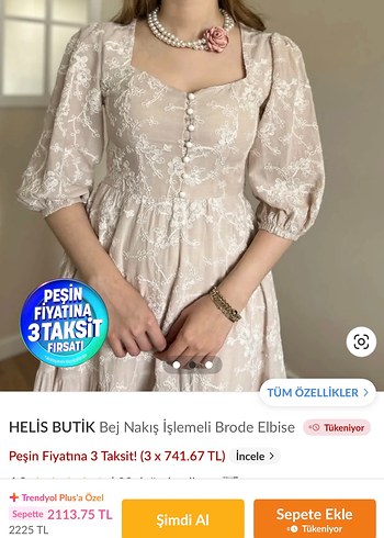Trendyol & Milla Bej Nakış İşlemeli Brode Uzun Elbise fisto güpürlü