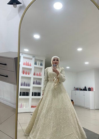 Uzun Kollu İşlemeli Krem Nişan Elbisesi - Görsel 2