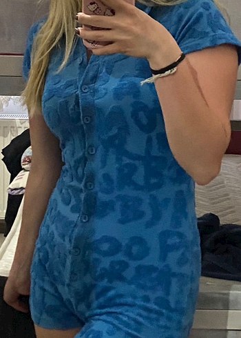 Urban Outfitters Mavi Düğmeli Yakalı Mini Tulum - Görsel 3