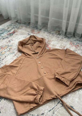 Düğmeli Kapüşonlu Kahverengi Kadın Sweatshirt