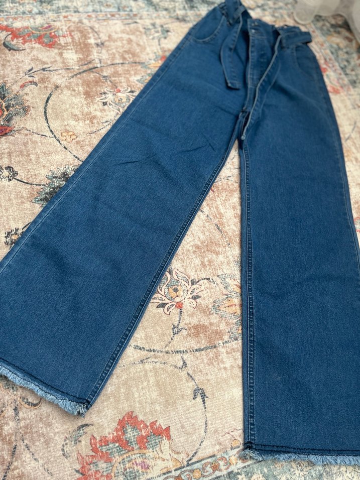 Kadın Mavi Bol Kesim Kemerli Denim Pantolon - Görsel 5