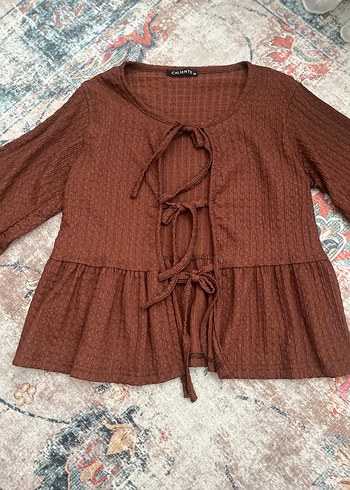 Fırfırlı Kahverengi Bohem Keten Bluz - Görsel 4