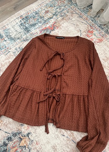 Fırfırlı Kahverengi Bohem Keten Bluz - Görsel 3
