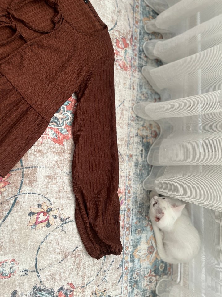 Fırfırlı Kahverengi Bohem Keten Bluz - Görsel 5