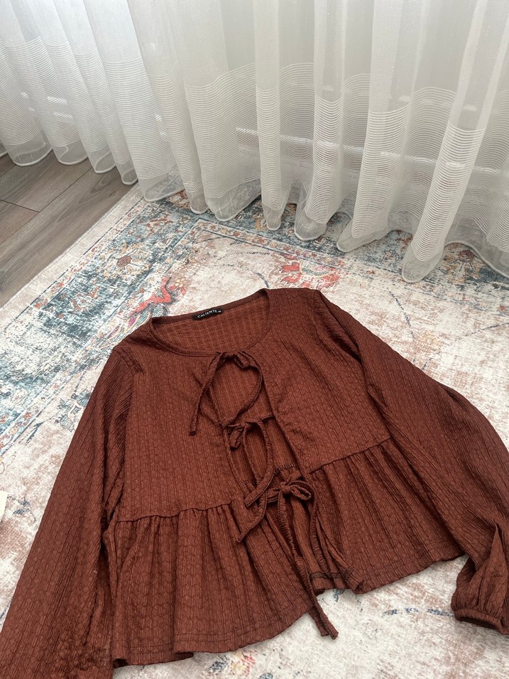 Fırfırlı Kahverengi Bohem Keten Bluz - Görsel 2