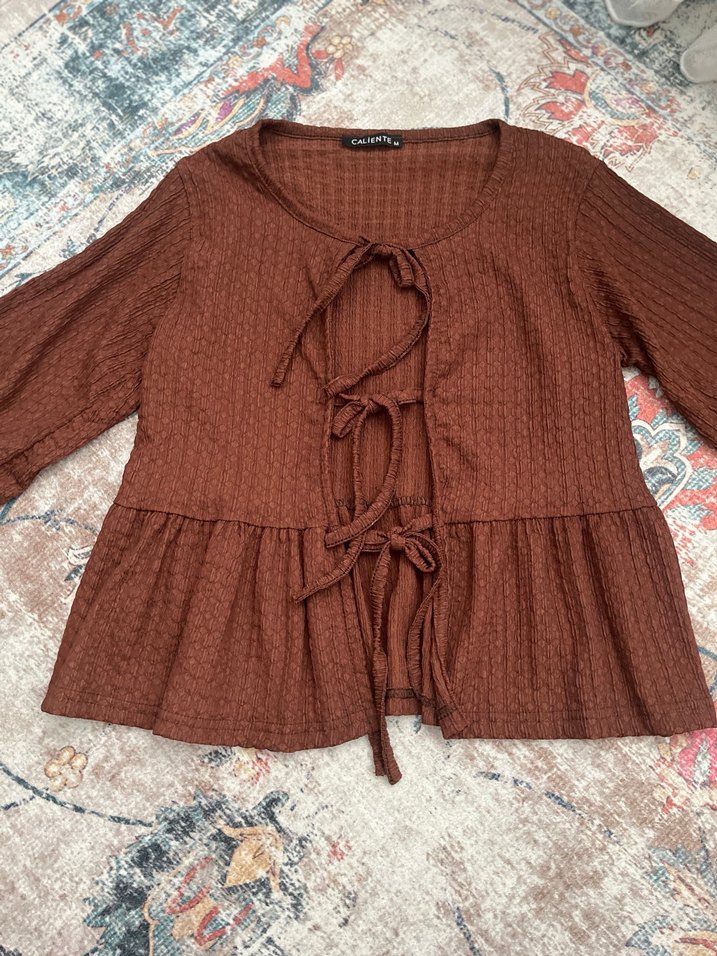 Fırfırlı Kahverengi Bohem Keten Bluz - Görsel 4