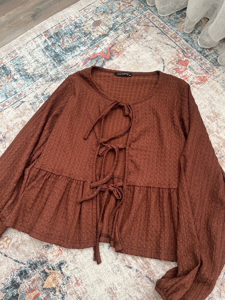 Fırfırlı Kahverengi Bohem Keten Bluz - Görsel 3