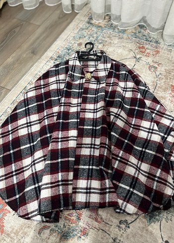 Bordo Oduncu Gömleği Kumaşından Panço - Görsel 2