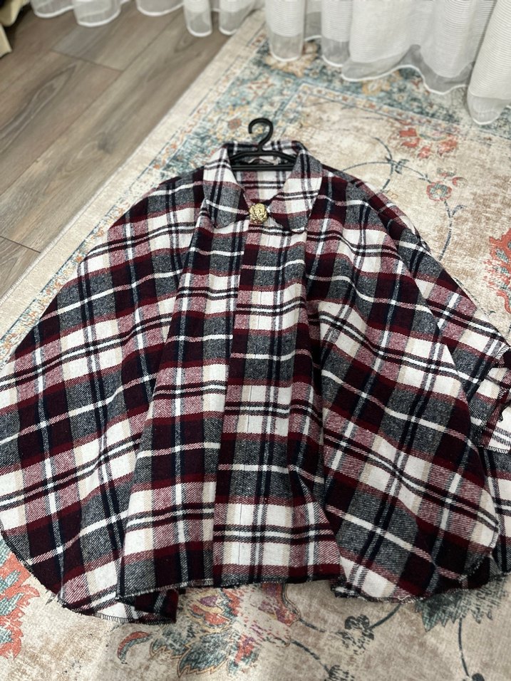 Bordo Oduncu Gömleği Kumaşından Panço - Görsel 2