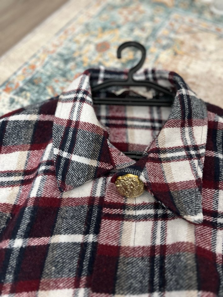 Bordo Oduncu Gömleği Kumaşından Panço - Görsel 5