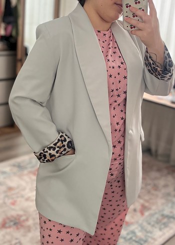 Leopar Desenli Gri Kadın Blazer Ceket - Görsel 6