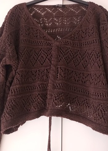 Bohem V Yakalı Örgü Kahverengi Kadın Kazak - Görsel 2