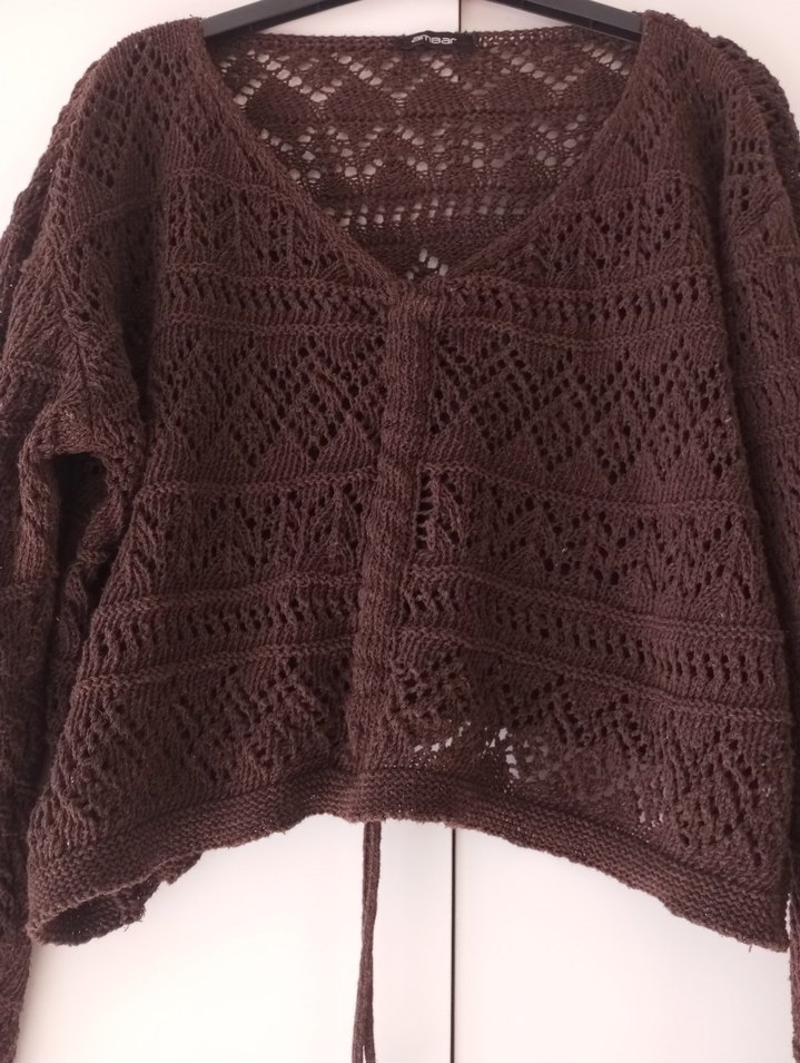 Bohem V Yakalı Örgü Kahverengi Kadın Kazak - Görsel 2