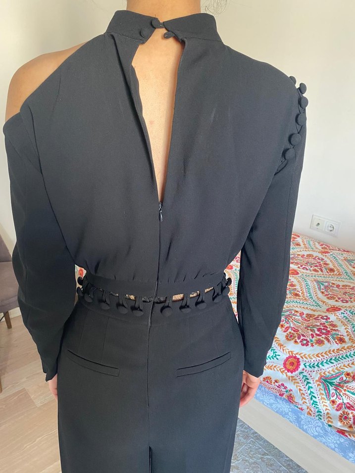 Kadın Siyah Midi Kemerli Tulum - Görsel 2