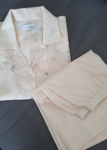 Diğer Coton Nakışlı Bej Vintage Kadın Pijama Takımı