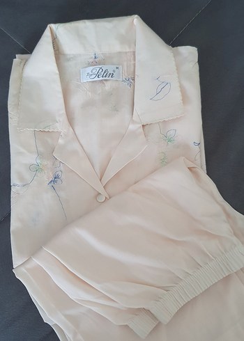 Coton Nakışlı Bej Vintage Kadın Pijama Takımı