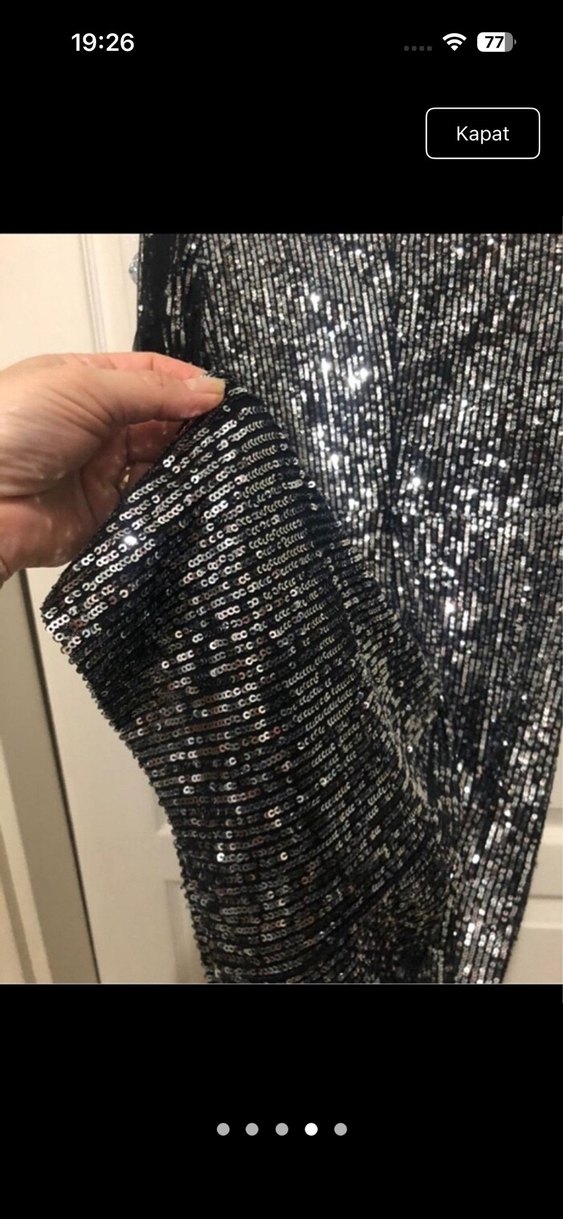 Siyah Payetli Uzun Kollu V Yaka Elbise - Görsel 4