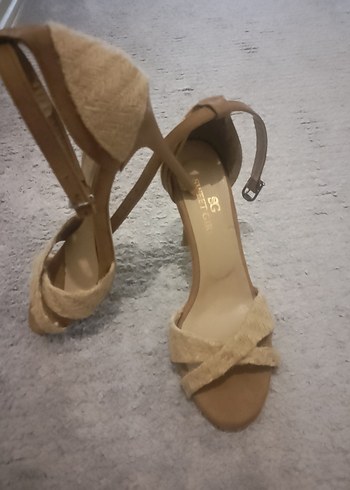 Bej Süet hasır detaylı Topuklu Kadın ayakkabı - Görsel 7