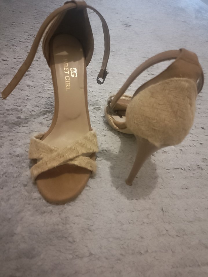 Bej Süet hasır detaylı Topuklu Kadın ayakkabı - Görsel 5