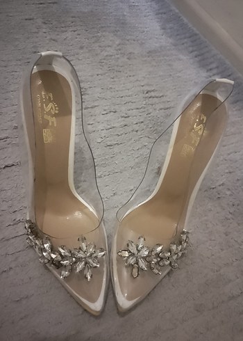 Beyaz Taşlı Stiletto Cam Topuklu Abiye Ayakkabı - Görsel 5
