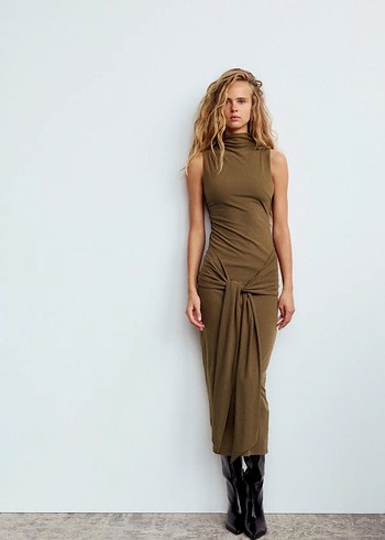 Haki Kemerli Uzun Kadın Elbise - Görsel 3