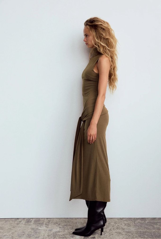 Haki Kemerli Uzun Kadın Elbise - Görsel 5