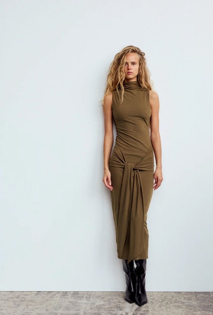 Haki Kemerli Uzun Kadın Elbise - Görsel 3