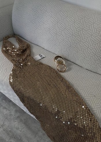 Drapeli Altın Desenli Uzun Abiye Elbise - Görsel 2