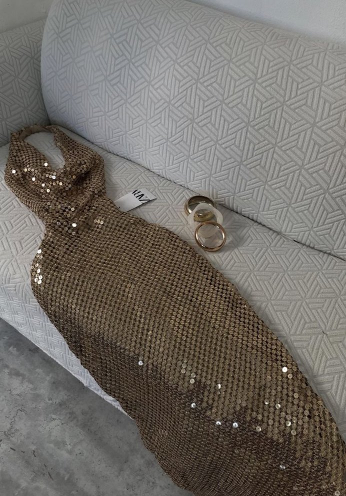 Drapeli Altın Desenli Uzun Abiye Elbise - Görsel 2